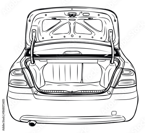 Line drawing of a sedan car with its trunk open, showing the empty storage compartment from a rear view, useful for automotive manuals, vehicle maintenance, and transportation industry