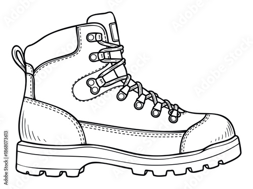 Detailed outline illustration of a sturdy work boot or hiking footwear for educational materials apparel catalogs and craft projects