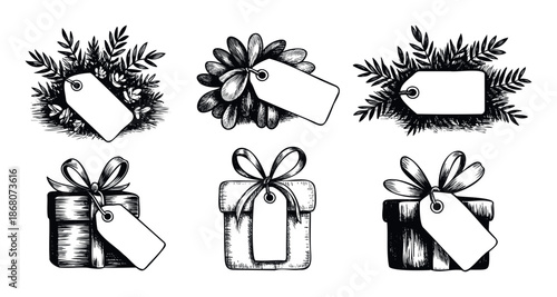 Monochrome engraved style gift boxes with ornate bows and empty labels presented with natural foliage accents for personalized messages on festive packaging and announcements