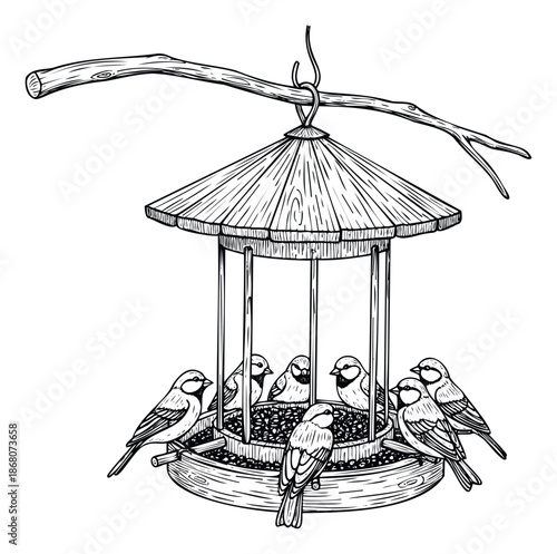 Detailed black and white drawing showcasing an outdoor bird feeder filled with seeds, suspended from a sturdy tree branch, with multiple small wild birds gathering to eat, ideal for nature