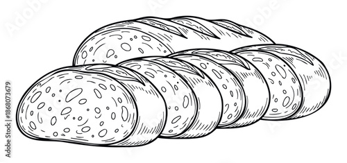 Delicious freshly baked rustic bread loaf with several cut slices, perfect for culinary publications, menu designs, bakery promotions, and wholesome food themes.