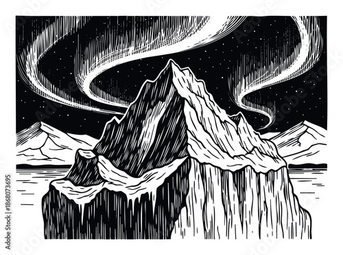 Majestic black and white arctic landscape showcasing towering icy mountains and a vibrant aurora borealis under a starry night sky, perfect for naturethemed projects