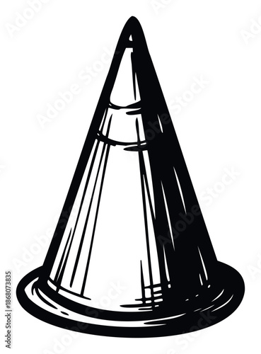 Bold hand drawn black and white graphic cone shape with pointed top and wide base for modern graphic projects and branding materials