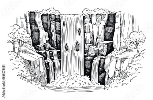 Detailed handdrawn sketch depicting a powerful multitiered waterfall cascading over rugged rock formations surrounded by lush forest foliage, ideal for educational nature books and