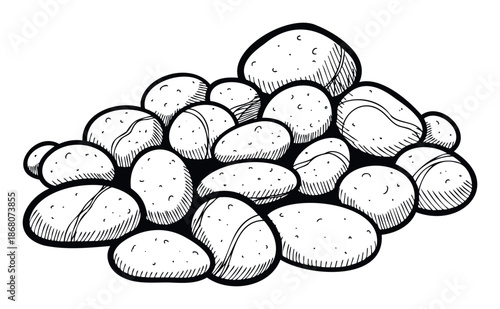 Explore a unique hand drawn black and white depiction of various smooth river stones and organic pebbles ideal for natural resource themes or educational visual content.