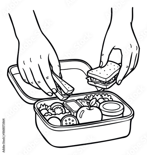 Hands preparing a healthy lunchbox with sandwiches, fruit, and vegetables for school or work, ideal for educational content or food preparation guides.