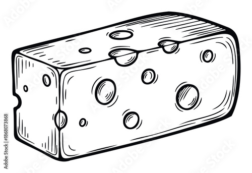 Classic handdrawn cheese block with characteristic holes perfect for food blogs, restaurant menus, recipe books, and culinary ingredient promotion materials