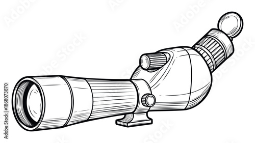 Detailed line drawing of a scientific spotting scope with an angled eyepiece and focus adjustments, ideal for educational materials, outdoor observation guides, or technology showcases