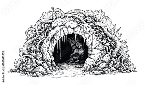 Detailed hand drawn line art illustration of an ancient stone grotto entrance surrounded by gnarled tree roots and dense vegetation, ideal for game assets or mythological storytelling