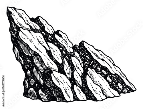 Rugged mountain landscape drawing depicting strong geological forms with intricate shading and dramatic contrasts, perfect for outdoor adventure graphics and natureinspired merchandise.