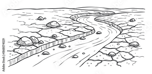 Scenic hand drawn outline of a winding river flowing through a cracked dry desert landscape with scattered stones depicting drought for environmental educational materials