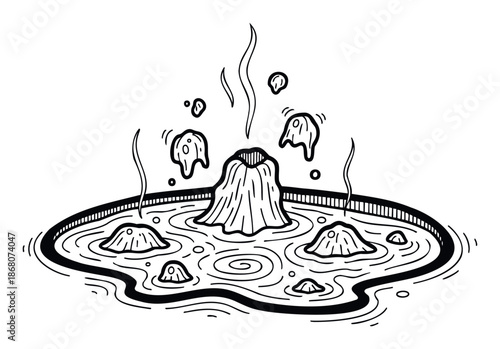 Dynamic hand drawn graphic of a bubbling hot spring geyser erupting with splashing mud and rising steam, ideal for educational materials, nature themes, or adventurous visual projects.
