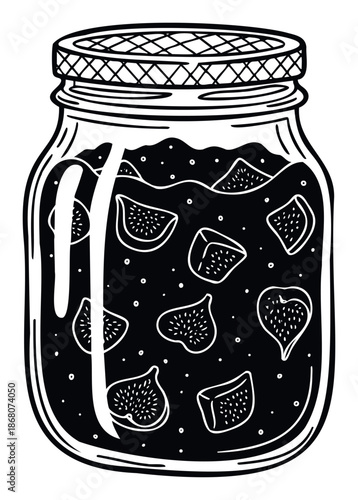 Rustic handdrawn jar of fig jam with fruit pieces, perfect for food packaging, recipe collections, menu designs, market promotions, and sweet preserve branding.