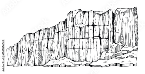 Hand drawn outline sketch of a towering rugged cliff or iceberg depicting a formidable natural rock formation perfect for nature themed publications and adventure lifestyle branding