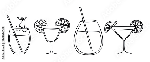 A collection of outlined refreshing summer alcoholic and nonalcoholic beverage illustrations featuring various glasses with straws, cherries, and citrus slices perfect for menu designs,