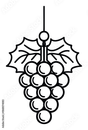 A simple black outline drawing of a bunch of grapes with two distinctive leaves, perfect for use in wine branding, food packaging, restaurant menus, or harvest festival promotions