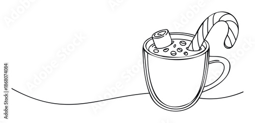 A simple festive line drawing featuring a cozy hot drink in a mug with a swirl of marshmallow and a candy cane, perfect for holiday greetings and seasonal beverage marketing.