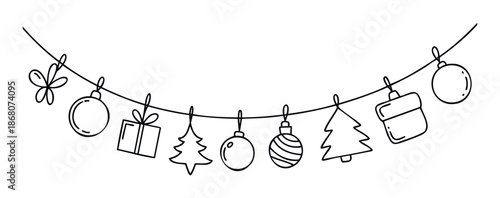 A delightful handdrawn string of festive holiday season decorations featuring Christmas ornaments, gift boxes, and pine trees, ideal for winter greetings, invitations, and cheerful