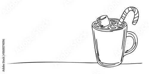 Continuous line drawing of a warm winter beverage with a sweet candy cane, ideal for cozy seasonal marketing, holiday menu designs, or comforting drink advertisements.