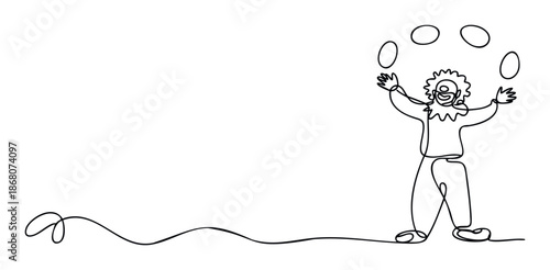 Continuous line drawing of a joyful clown juggling four abstract objects, ideal for entertainment business branding, event marketing materials, or playful graphic communication.