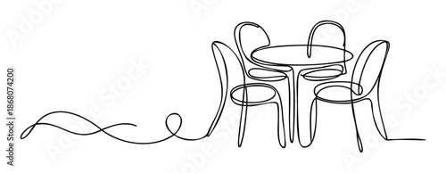 Continuous single line drawing portraying a modern dining table surrounded by four chairs, suitable for contemporary interior decor or minimalist graphic design projects