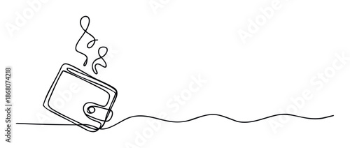 Modern continuous line art depicting a closed wallet with dynamic flowing shapes, ideal for illustrating financial planning, personal wealth, and economic transaction concepts.