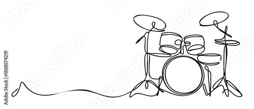 Continuous line drawing of a complete drum kit instrument representing rhythm and music, ideal for graphic projects, album covers, or music event promotions