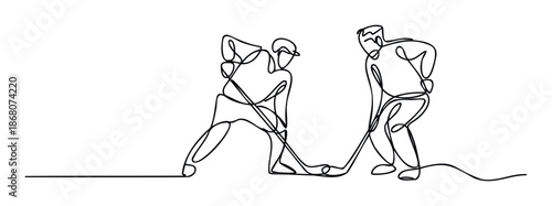 Dynamic one line drawing of two ice hockey players with sticks on a rink, perfect for sports event promotion or athletic themed graphic resource