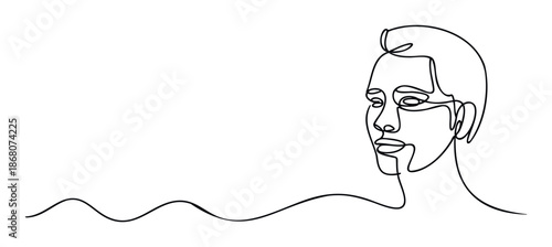 Minimalist continuous line drawing of a human profile with a wavy line extending, perfect for representing simplicity, connection, and contemporary identity in modern branding or graphic