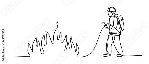 Professional firefighter wearing protective helmet and carrying a water hose with a backpack tank actively fighting a fire, presented as a continuous one line drawing for educational