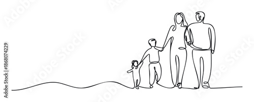 Dynamic single continuous line drawing capturing a united family of parents and children, illustrating bonds and support, ideal for symbolic graphics and marketing visuals.