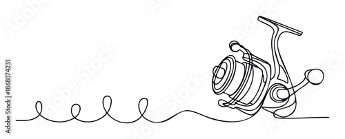 Simple continuous line drawing of a fishing reel with a looping line, perfect for angling hobby promotions, outdoor sport enthusiasts, or minimalist fishing related advertisements.