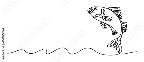 Stylish continuous line drawing of a lively fish leaping from the waters surface, ideal for use in packaging, branding, apparel, or marine life themed graphic projects.