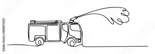 A single continuous line drawing of a powerful fire truck actively spraying water from its hose, symbolizing urgent emergency services and public safety for various rescue themed