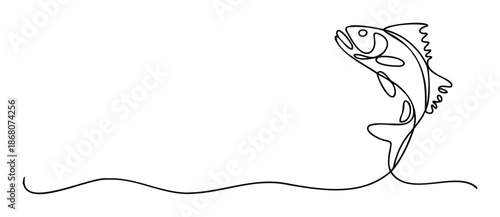 Elegant continuous line drawing of a dynamic jumping fish creating a fluid visual for branding, naturerelated projects, or fishing sport advertisements