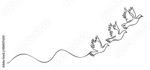 Graceful continuous line drawing of three flying doves symbolizing peace and freedom, ideal for spiritual branding, event invitations, or inspirational visual content