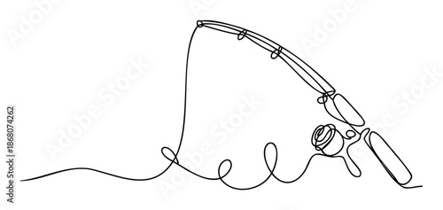 Minimalist continuous line drawing of a fishing rod and reel with flowing line for outdoor adventure and fishing sports branding or graphic design projects