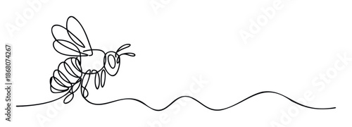Continuous line drawing of a busy honey bee in graceful flight with a delicate wavy path, symbolizing nature, ecology, and pollination, perfect for educational content and ecofriendly