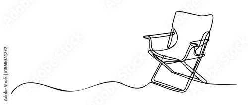 Simple one line drawing of a portable outdoor camping chair evoking relaxation and travel, ideal for summer holiday promotions, leisure activity brochures, or vacation themed digital