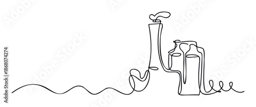 Continuous line drawing of a wine bottle and a glass connected by a flowing line, perfect for beverage branding, restaurant menus, or modern event invitations