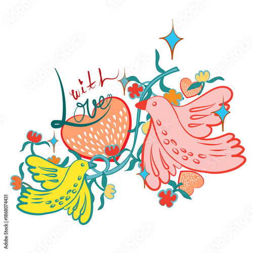 vector illustration of a bird with heart, Set of valentines day doodle sticker vector flat illustration. Collection of love symbol and romantic elements cartoon character. Hand drawn 14 february isola