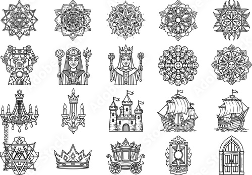 Fantasy and medieval icon set, mandalas, castles, chandeliers, moon phases, ships, royal figures, mystical symbols, black and white illustration grid