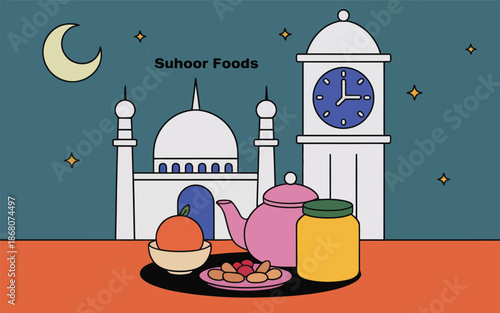 Suhoor foods illustration with mosque and clock tower under moonlight during ramadan Vector illustration