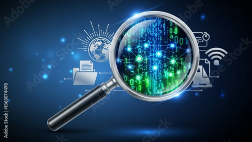 Magnifying glass reveals digital data and cyber security concepts