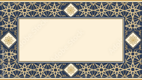 Intricate frame with golden floral patterns on a dark blue background, featuring a central beige rectangle, ideal for Eid Mubarak or Ramadhan celebrations.