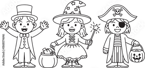 Halloween caricature Three happy children dressed in magician, witch, and pirate costumes ready for trick or treat