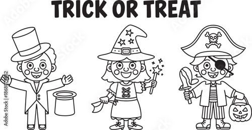 Halloween children dressed as a magician witch and pirate celebrating