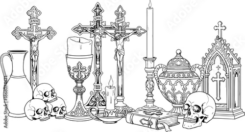 Religious still life illustration, crucifixion scene, skulls, candles, gothic shrine, symbolic objects, black and white art, faith and mortality theme
