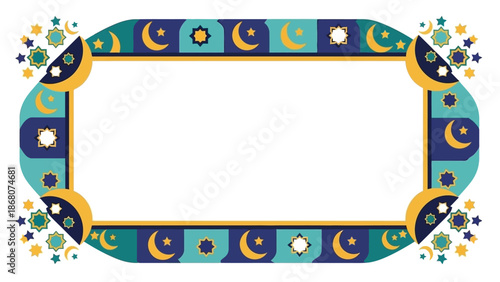 Eid Mubarak frame with crescent moons and floral patterns on a white background for Ramadhan celebrations.