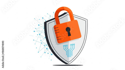 Secure digital shield with orange padlock and circuit board design